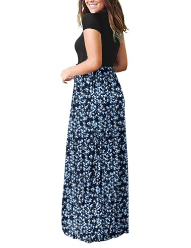 Image of MISFAY Women's Short Sleeve Maxi Dresses Long Casual Dresses with Pockets | Empire Elastic Waist, Crew Neck, Floor Length, Strentchy Flowy A Line Fit, Loose Plain Summer Outfits, Vacation Wear