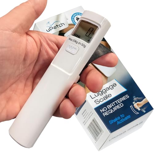 Luggage Scale, Battery Free (Shake to Charge) Digital Travel Weigher, 110 lb / 50 kg Capacity, Portable Handheld Suitcase and Baggage Weigher with LCD Display, Tare, Auto Off, Airline Travel