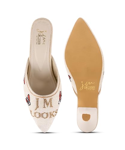 Image of JM LOOKS Pointed Toe Kitten Heel Mules Featuring Exquisite Bee Embroidery and Shimmering Textured Fabric Finish