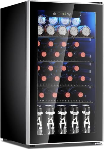 Image of Antarctic Star 26 Bottle 130 Can Wine Cooler /Cabinet Refrigerator Mini Wine Cellar Beer Soda Clear Glass Door Bar Fridge Quiet Compressor Adjust Temp Freestanding Indoor Use 3.1cu.ft Black