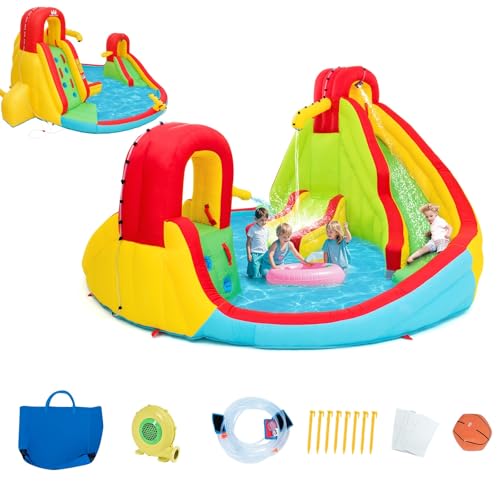 OLAKIDS Inflatable Water Slide, 7 in 1 Bounce House with 2 Slides 2 Water Guns Climbing Wall Splash Pool Basketball Rim, Outdoor Inflatable Obstacle Course Jumping Castle for Backyard with Blower