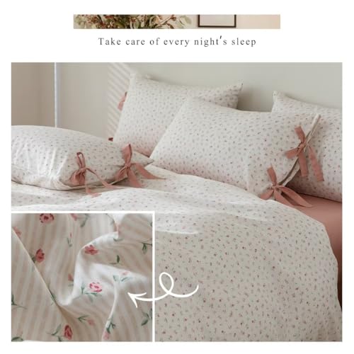 Image of MKXI Cute Bow Tie & Pink Flower Stripes Duvet Cover Twin Size Cotton Bedding Set - Cottagecore Small Floral Print Comforter Cover with 2 Pillowcases for Girls,Women, Sweet Home Gift