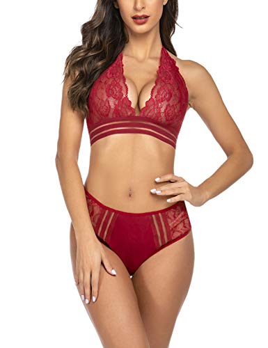 Avidlove Lingerie Bra and Panty Set Two Piece Lace Underwear Babydoll Dark Red, M
