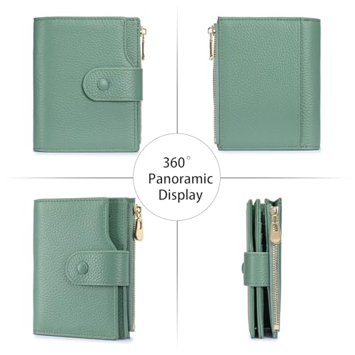 Image of Genuine Leather Wallets for Women RFID Blocking Bifold with Zipper Pocket, 2 ID Windows, 18 Card Slots, Green