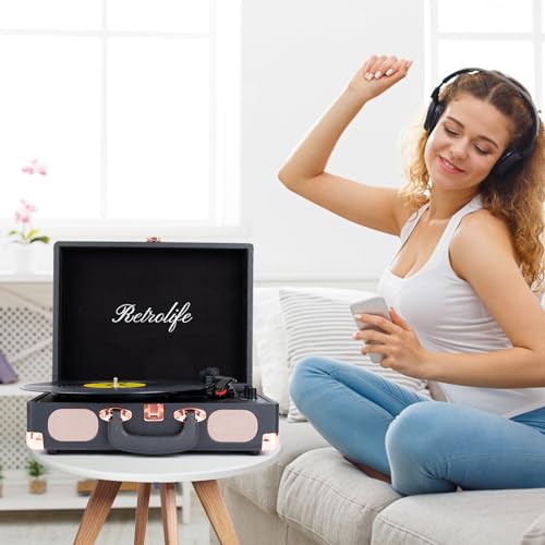 Image of Record Player Wireless Portable Suitcase Vinyl Player with Built-in Speakers Retro Style Record Player for Vinyl Records 3-Speed RCA Line Out AUX in Vintage Turntable Upgrade Black