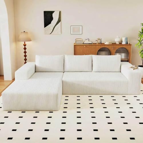 Image of 96 inch Modular Sectional Couch, Boneless L Shaped Cloud Sofa with Chaise Lounge, Corduroy Upholstered Couches Memory Foam Deep Seat, No Assembly Required, Ideal for Living Room(White, Left Facing)