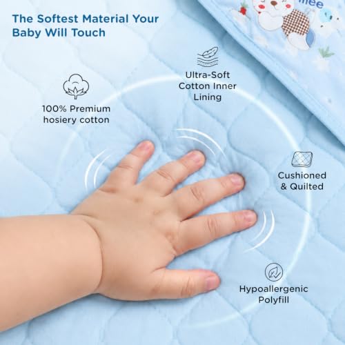 Image of Mee Mee 100% Soft Cotton Hooded Baby Wrapper Cum Warmer, Blanket with Hood for Newborn Baby 0 to 6 Months (Blue & Bunny Print)