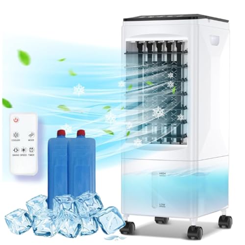 Enfriador de Aire Grande, Aire Acondicionado Portátil, Climatizador Evaporativo 60W con 6L Tanque, 1 7 H Temporizadores, 3 Velocidades con Ruedas y Control Remoto para Hogar Oficina