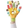 Fehn 074604 Safari Speelhandschoenen, vingerpoppenhandschoen aap en olifant met rammelaar en piep voor baby’s en peuters…
