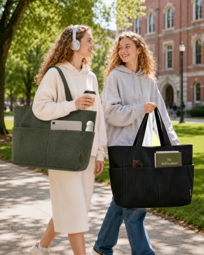 Image of Batfield Large Tote Bag for Women with Zipper & 9 Compartments, Casual Corduroy Shoulder Bag, Lightweight Foldable Travel Handbag for College, Work, Shopping & Daily Use