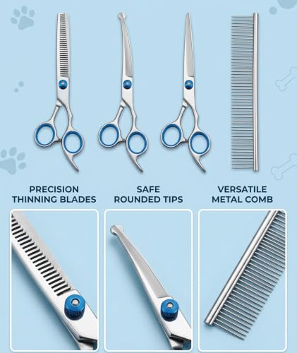 Image of 4-Piece Dog Grooming Kit, Dog Hair Cutting Scissors Set with Straight, Thinning, Downward Curved Shears and Steel Comb, Blue Ring Pet Grooming Scissors for Small Dogs