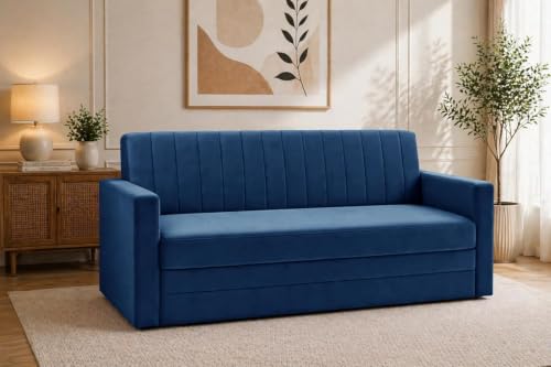 Image of Modern Velvet 3-Seater Sofa Cum Bed with Armrest, Convertible Sleeper Couch Sofa for Living Room, Bedroom & Office - Blue Color
