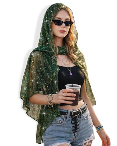 JENSVOIR Shawl Wraps for Women Dark Green Sequin Rave Scarf Sparkling Headscarf Hijab Neck Scarf for Evening Dress Beach Cover Up