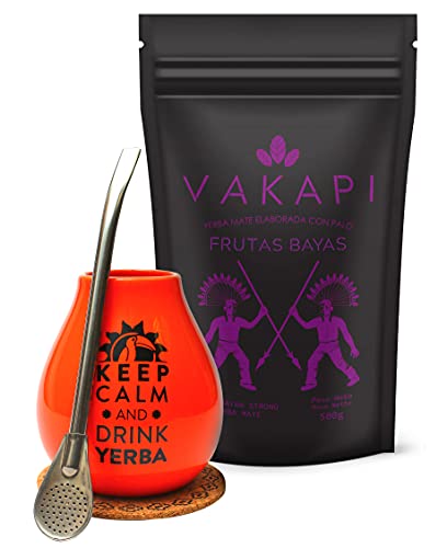 Vakapi Yerba Mate Green Set, FRUTAS BAYAS 500 g, Orange Mate-Becher 350 ml mit Bombilla, Mate Tee mit Hagebutte, Teebecher, 700 g Cover