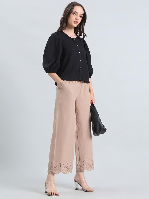 Image of GO COLORS Women's Cotton Hakoba Palazzo | Ankle Length, Schiffli Embroidery, Relaxed Fit, Mid-Rise with Side Pocket