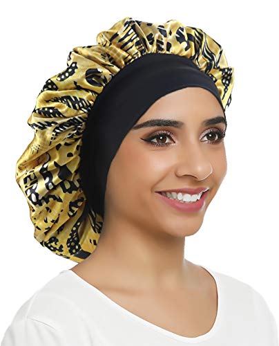 Double Layer Satin Bonnet Sleep cap Silky Night hat Wide Elastic Band for Women Hair Loss,Curly Long Hair(Normal size, Yellow Spot)