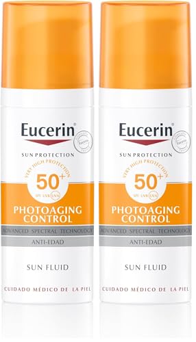Eucerin Sun Face Photoaging Control Fluid FPS 50+ (50 ml), crema facial solar 50+ con filtros UVA/UVB, protección solar facial antiarrugas e hidratante, crema de sol para todo tipo de pieles