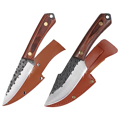 KENTROON 2pcs Chef Knife 4” Handmade Forged Meat&Fish Knife High Carbon Steel Full Tang Blade with PU Sheath for Kitchen Outdoor Camping BBQ KENTROON 2pcs Chef Knife 4” Handmade Forged Meat&Fish Knife High Carbon Steel Full Tang Blade with PU Sheath for Kitchen Outdoor Camping BBQ