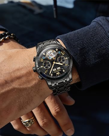Image of OLEVS Black Automatic Watches for Men Business Dress Mechanical Watch Stainless Steel Waterproof Self Winding Classic Date Luxury Diamond Skeleton Men Wristwatch