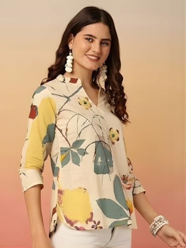 Image of Women's Cotton Printed Short Kurti, Round Neck, Three Quarter Sleeve, Straight Fit, Pack of 2