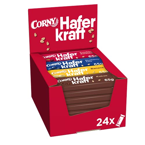 Corny Haferkraft Mix-Box, Kakao, Banane, Blueberry-Chia und Cranberry Kürbiskern Haferriegel, 24er Pack (24 x 65g Riegel)