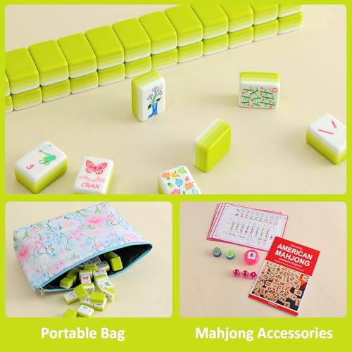 Image of American Mahjong Tile Set, (4-Layer) 160 Green Acrylic Engraved Mahjong Tiles, Mahjong Tile Bag and Mahjong Accessories