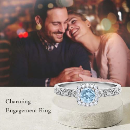 Aihpos 1ct 1.5ct 2ct Aquamarine Engagement Ring - Round Aquamarine Rings for Women White Yellow Rose 10K 14K 18K Gold 925 Sterling Silver with Moissanite Aquamarine Proposal Ring3