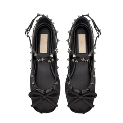 Keilinia Women's Satin Mary Jane Ballet Flats,Bow Studded Strap Ankle Buckle Square Toe Soft Comfort Casual Dress Shoes
