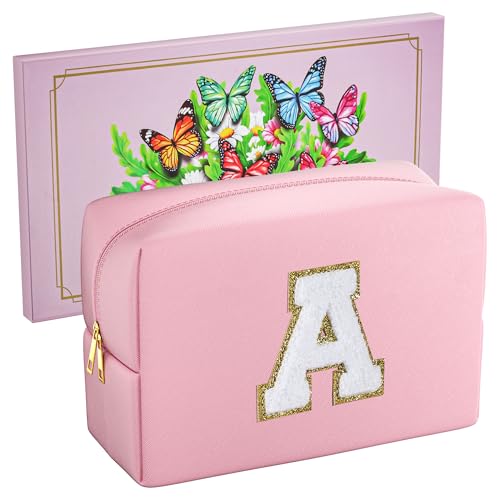 Chelmon Travel Makeup Bag Pink Initial Cosmetic Bag Personalized Birthday Gifts for Women Preppy Things for Teen Girls Graduation Gifts with Gifts Box