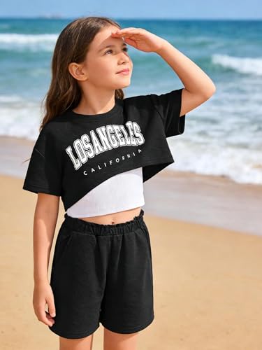 Image of Girls Summer Outfits 3 Piece Graphic Short Sleeve Crop Top Cami and Shorts Set Black 11-12Y