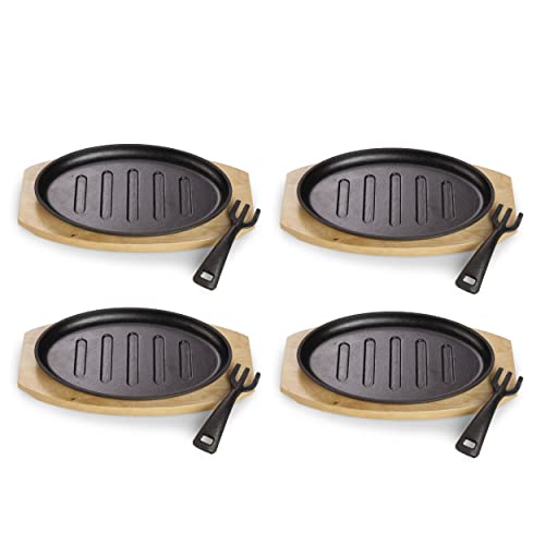 ECHTWERK Servierpfanne aus Gusseisen mit Grillstreifen und Servierbrett, Abnehmbarer Griff, Bereits eingebrannt, Für Backöfen, Grill, BBQ und Induktion geeignet, 27 x Ø 17,5 cm, 4 tlg