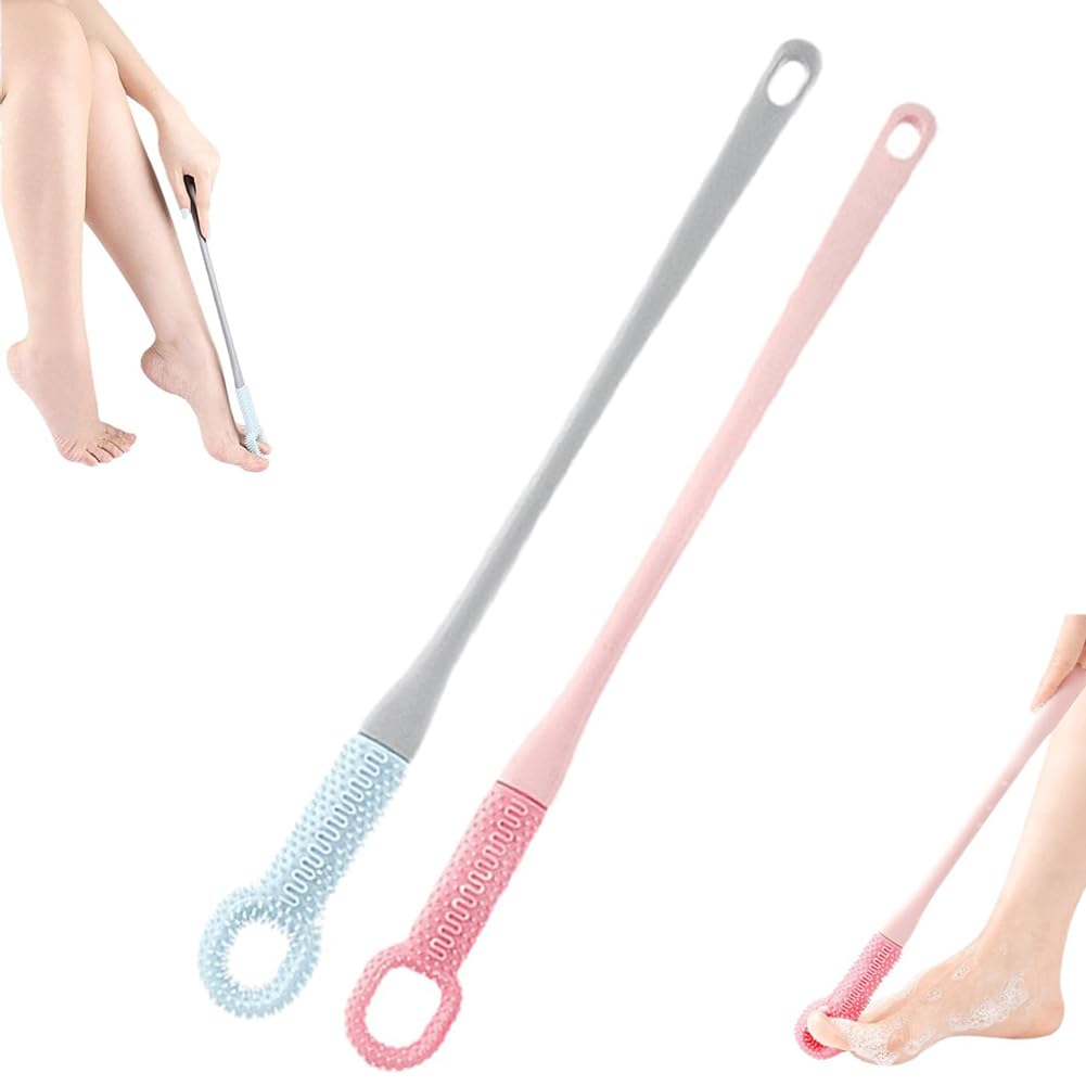 2 Pcs Silicone Foot Cleaning Brushes,Easy-Reach Deep Cleaning Foot Brush,15.7" 3-in-1 Foots Scrubber for Wet or Dry Brushing,Toe Gap Clean-ing Brushes for Elderly Senior Men Women(Blue+Pink, 2 Pcs)