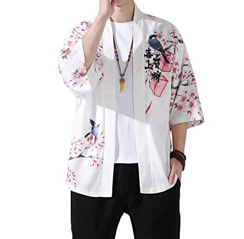 Image of PRIJOUHE Men's Lightweight Kimono Jacket Seven Sleeve Open Front Cardigan Coat Japanese Style Bathrobe