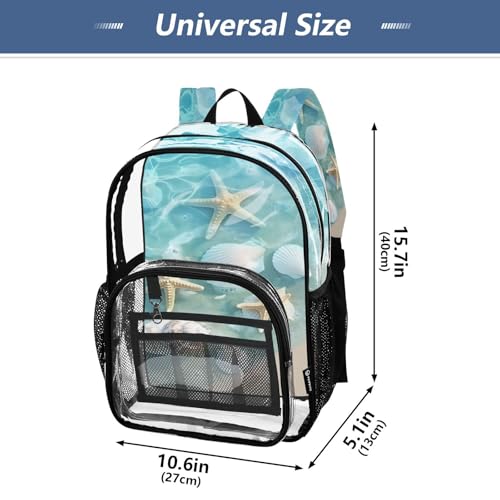 Summer Beach Starfish and Seashell Clear Backpack - Stadium Approved Large 15.7-inch Waterproof Transparent Bag for Sports, Concerts, Work, Travel#5714