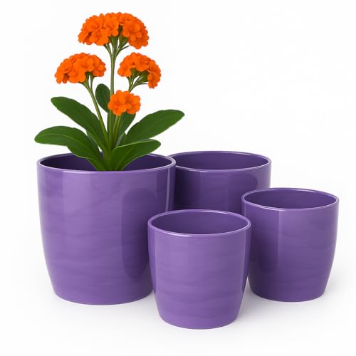 Home Garden Ornaments Blumentopf, Übertopf Set 4 Stück aus Kunststoff Marmor-Optik 12/14/16/18 cm Übertöpfe für Zimmerpflanzen (Lila)