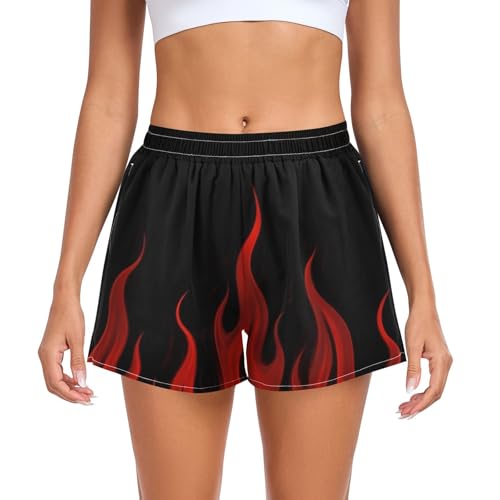 EtherSpher Black Fluorescent Cool Flame Red Women Athletic Shorts Loose&Comfy Girls Training Shorts for Running Walking Workout Beach Lounge Athletic Dress for Women Separate Shorts L