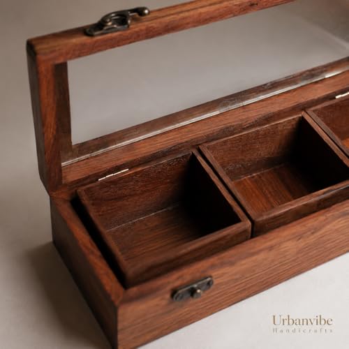 Image of Wooden Spice Box with Glass Lid & Spoon | Sheesham Wood Masala Dabba Organizer | 3 Compartments Spice Storage Container for Kitchen | Handmade Masala Box (Brown)