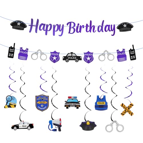 TNSLAND Guirnalda Decorativa para cumpleaños de policía, decoración para cumpleaños Infantiles, decoración de cumpleaño con Pancarta de Feliz cumpleaño y remolinos Colgantes