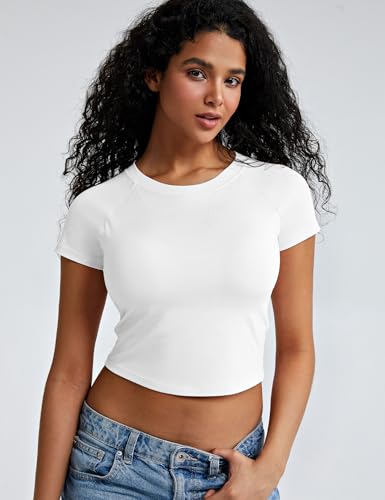 ZeroBound Built in Shelf Bra Crop Tops - Short Sleeve Y2k Tee for Women, Crew Neck Basic Casual Crop T Shirt2