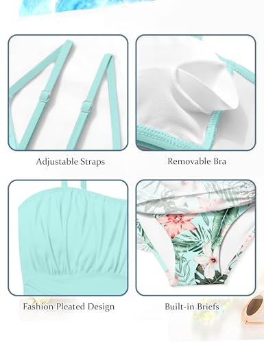 Image of Girls Tankini Bathing Suits Size 12-14 Two Piece Tropical Print Pleated Tween Girls Swimsuits Adjustable Straps with Ruffle Drawstring Beach Skirt Swimwear Blue Plant 13-14 Years