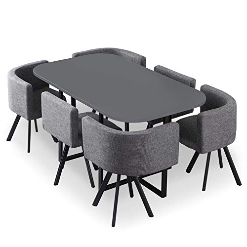 Menzzo Ensemble Table a Manger et Chaises Scandinaves Noir/Gris encastrable Lot de 6| Table Grise | Chaises Revêtement Tissu | Assise Moelleuse et Confortable...