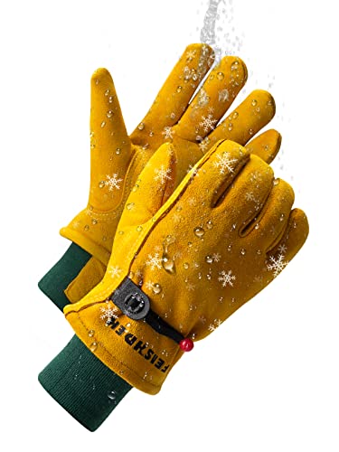 FEISHDEK Kids Winter Waterproof Gloves, Deerskin Suede Leather, Insulated Windproof Cold Weather Children Winter Work Gloves Age 5-7, Girls Boys Snow Ski Gloves for Keep Warm