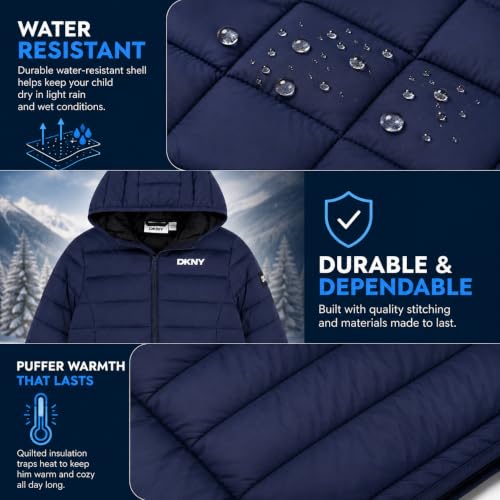 Image of DKNY Boys Winter Jacket, Midweight Puffer Coat, Weather Resistant, Hooded
