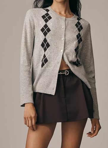 Lightweight Argyle Cardigan Sweaters for Women 2025 Fall Outfits Button Down Crewneck Knit Sweater Tops2