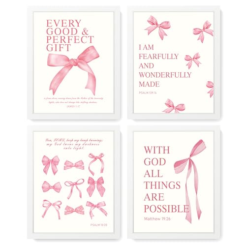 Image of LARTSFRO Coquette Pink Bow Wall Art Decor Posters, Pink Bow Room Bedroom Bathroom Dorm Wall Art Decor Aesthetic for College Teen Girls Gifts, Inspirational Bible Verses Bow Wall Decor, 10x8 Inch Set of 4 Pcs Bow Pictures (WHITE FRAMED)