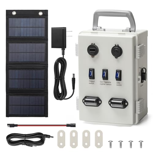 TXL The Charger Hunting Blind Accessories 12 Volt Charging Port System with 12.8V 10AH Battery, USB Ports, LED Lights, Cigarette Lighter Socket, Solar Panel, Connectors & Weather-Resistant Housing