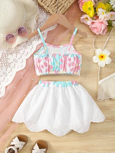 Image of TAGAS Girls Girls Floral Crop Top and White Lace Skirt Set - Summer Sleeveless 2-Piece Outfit with Bow Belt - Casual Party Dress for Kids