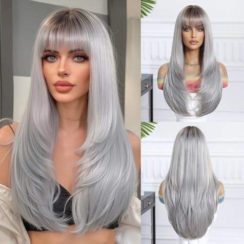Luricor Ombre Platinum Blonde Long Straight Human Hair Wigs With