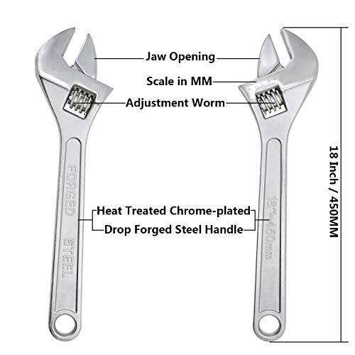 Image of Dr.Luck 18 Inch Sliver Adjustable Wrench, Drop Forged Steel Heat Treated Chrome-plated, Garage DIY Tool