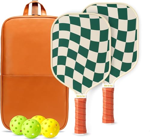 Image of Pickleball Rackets Set of 2, USAPA Approved Graphite & Fiberglass Racket, 2 Paddles, 4 Balls and 1 Portable PU Carry Bag, Pickle Ball Paddle Gift for Women, Men(Green Check)